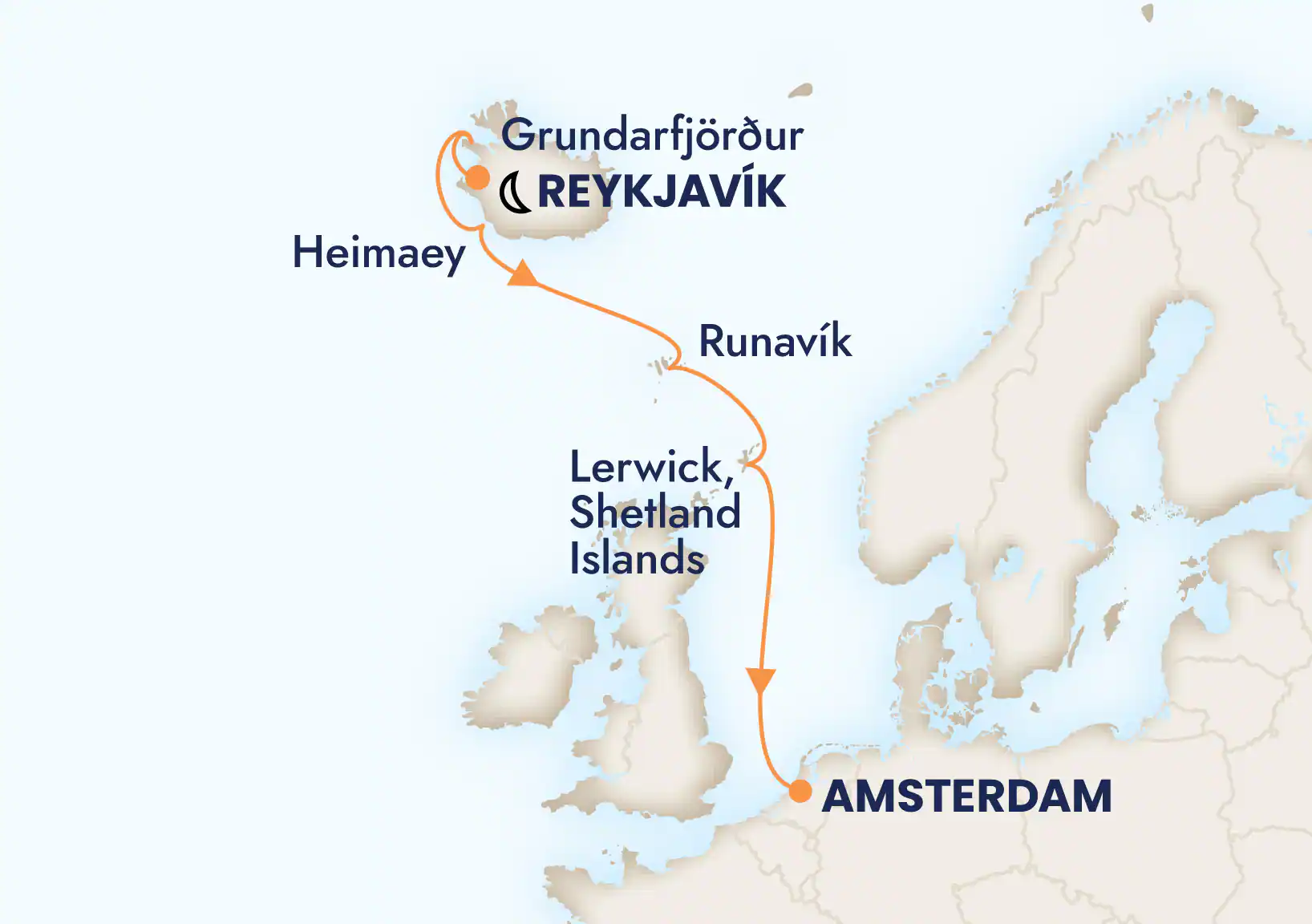 Map of the Viking Trails and Shetland Islands cruise itinerary